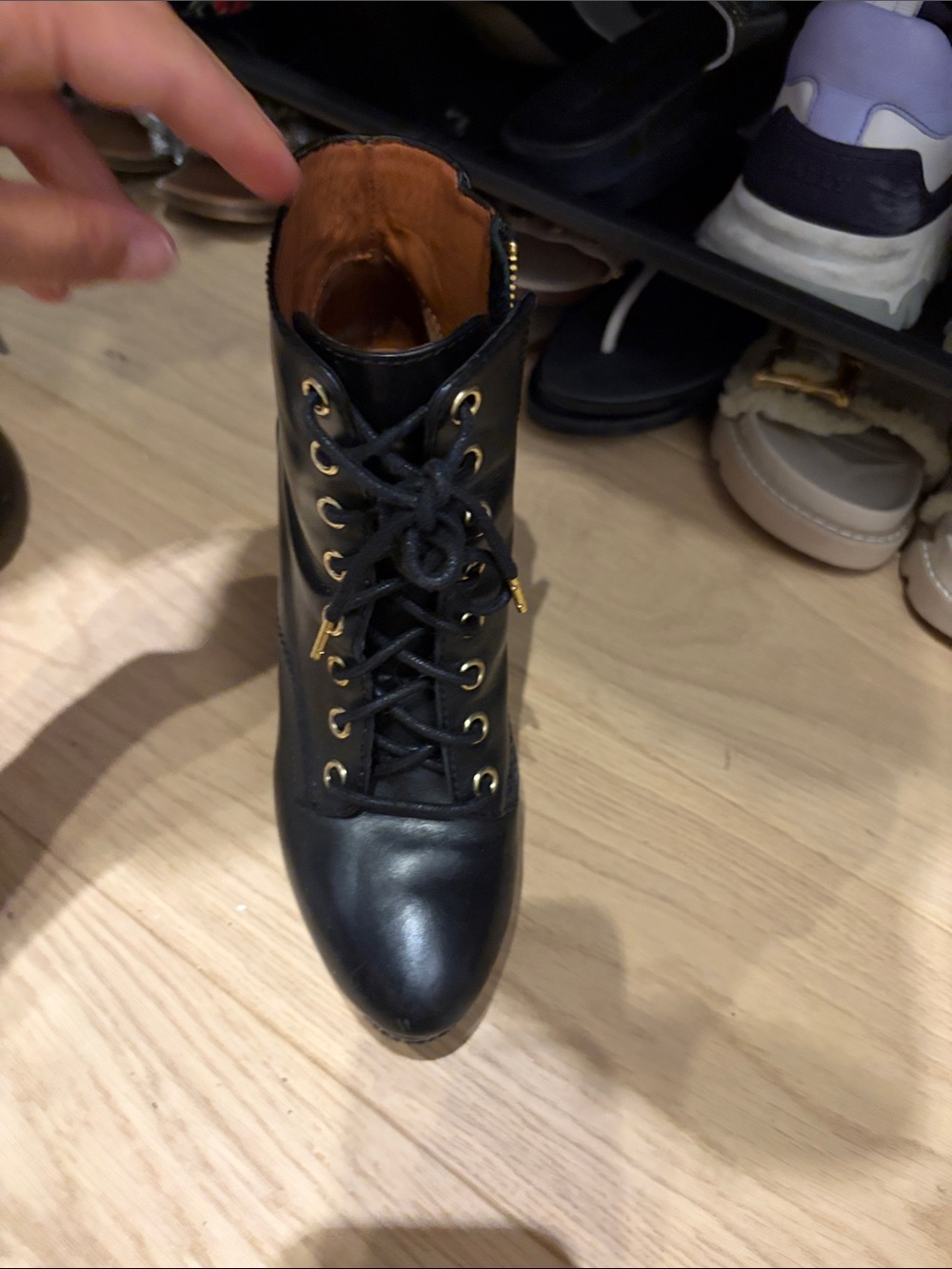 H&M Black Lace-Up Heeled Ankle Boots with Gold Eyelet Detail